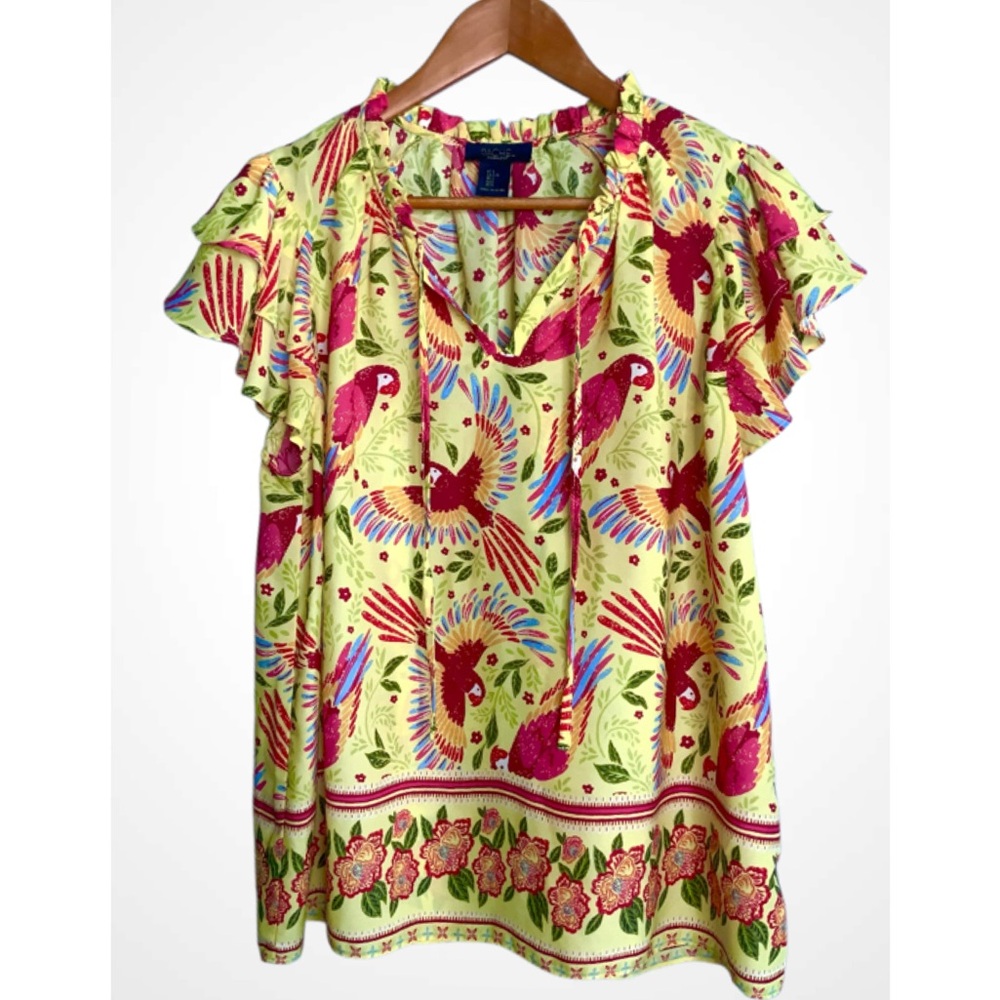 Rachel Roy Red &Yellow Colorful Parrot Print Short Ruffle Sleeve Blouse Large